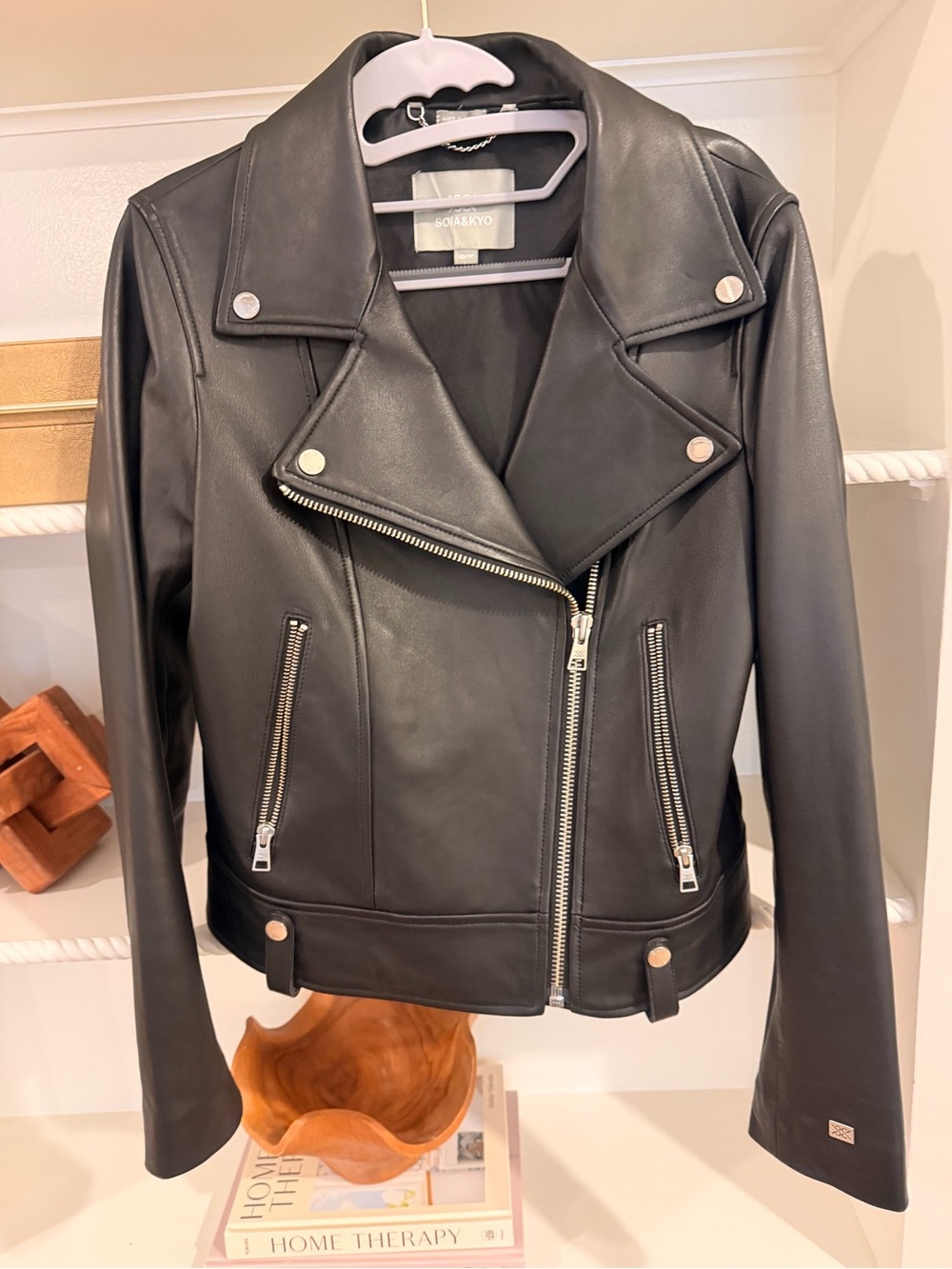 Soia & Kyo Black Asymmetric Leather Moto Jacket with Hooded Insert